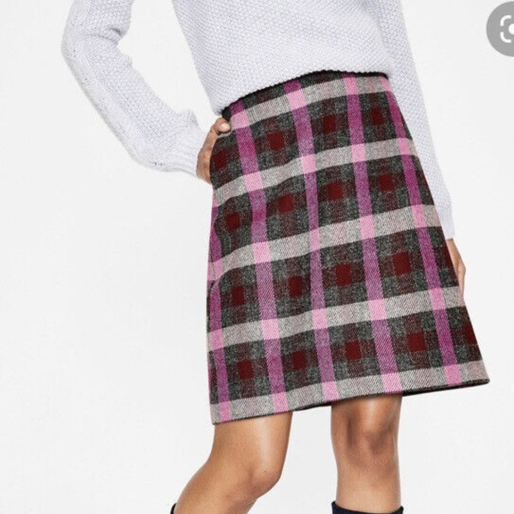 Boden Wool Skirt  Size 8L Plaid Pink Purple Gray British Tweed